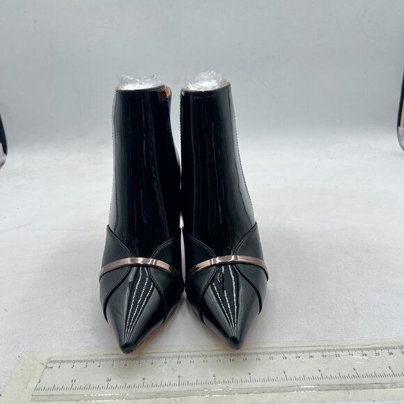 FSJ Black Glossy High Heel Ankle Boots Pointed Toe Bootie Chelsea Zipper Shoe - Picture 3 of 8